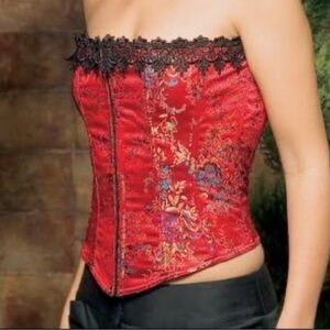 Tesa black red floral silk corset bustier lace up back lace trim sz 38